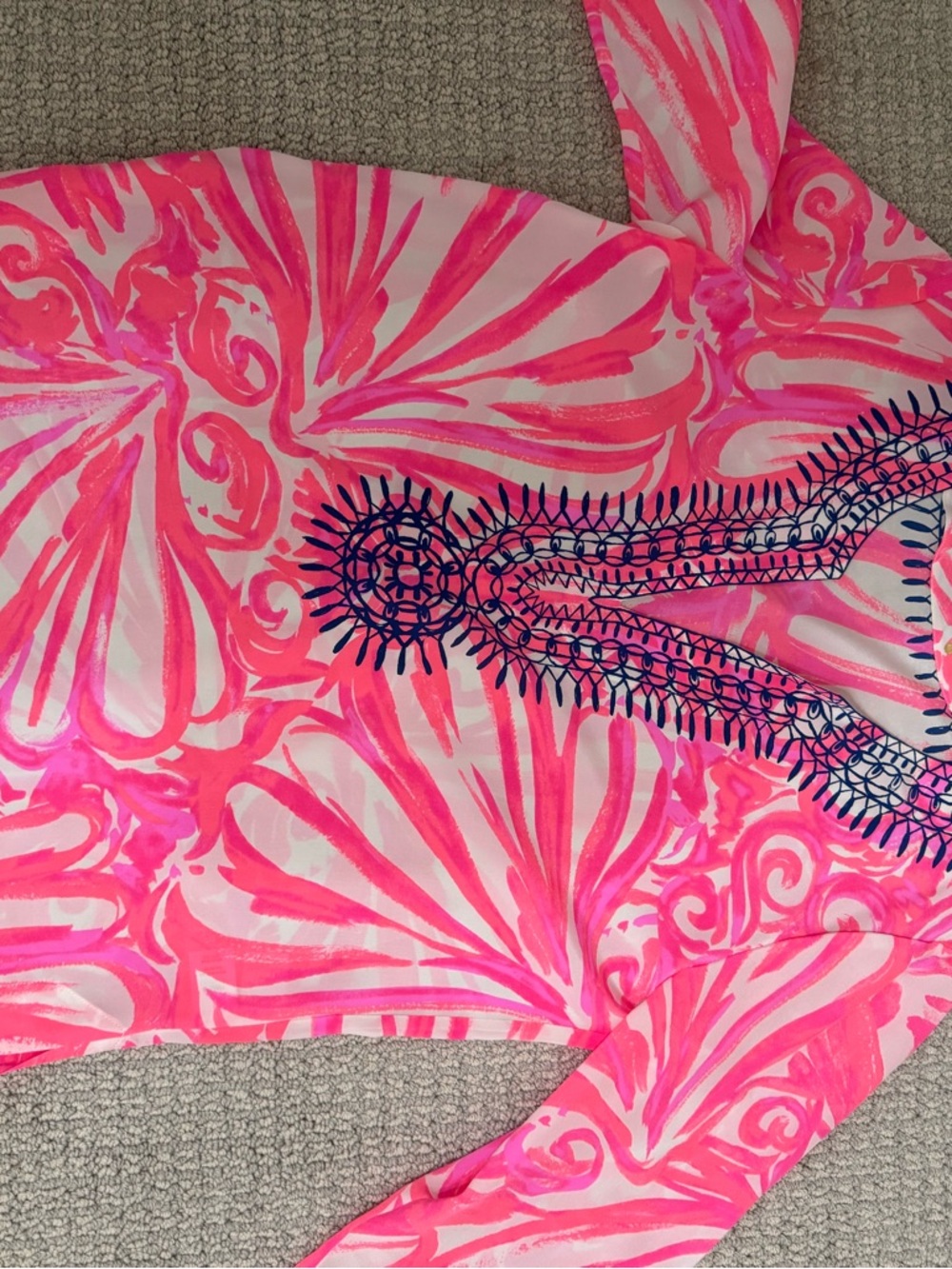 Lilly Pulitzer Pink White Floral Print Longsleeve Blouse with Navy Embroidery